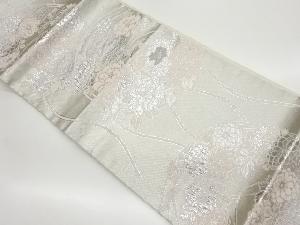 プラチナ銀箔立涌に丸文・花々模様織出し袋帯